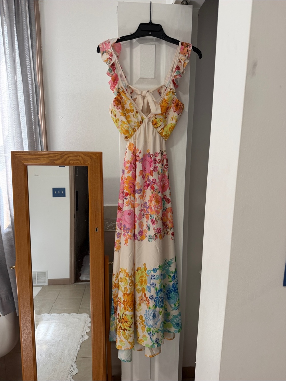 Floral Sleeveless Tie-Front Maxi Dress - Cream with Pink & Yellow Flowers